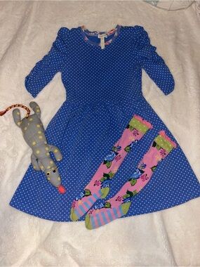 Matilda Jane Blue Polka Dot Dress SIZE 10 GUC with Pink Floral Knee Socks GUC